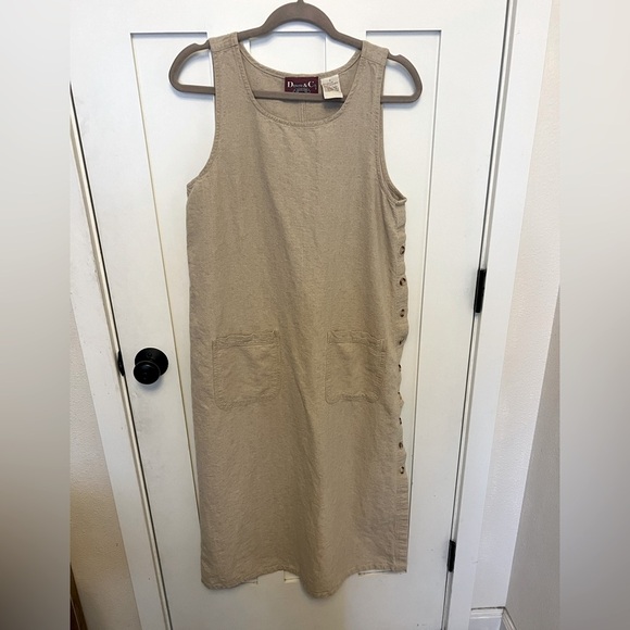 Denim & Co Linen Cotton Sleeveless Dress Patch Pockets Side Button Lagenlook S - Picture 1 of 4